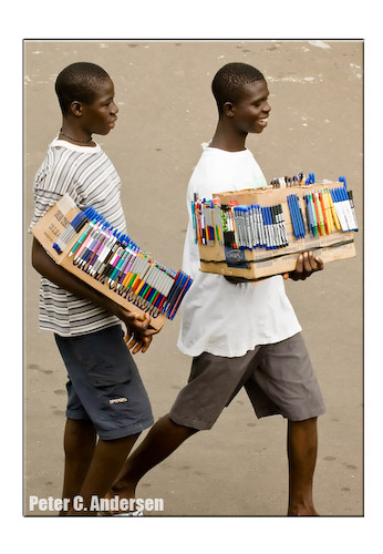 Selling pens on Wallace Johnson Street.