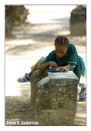 A child studies her lessons after school.